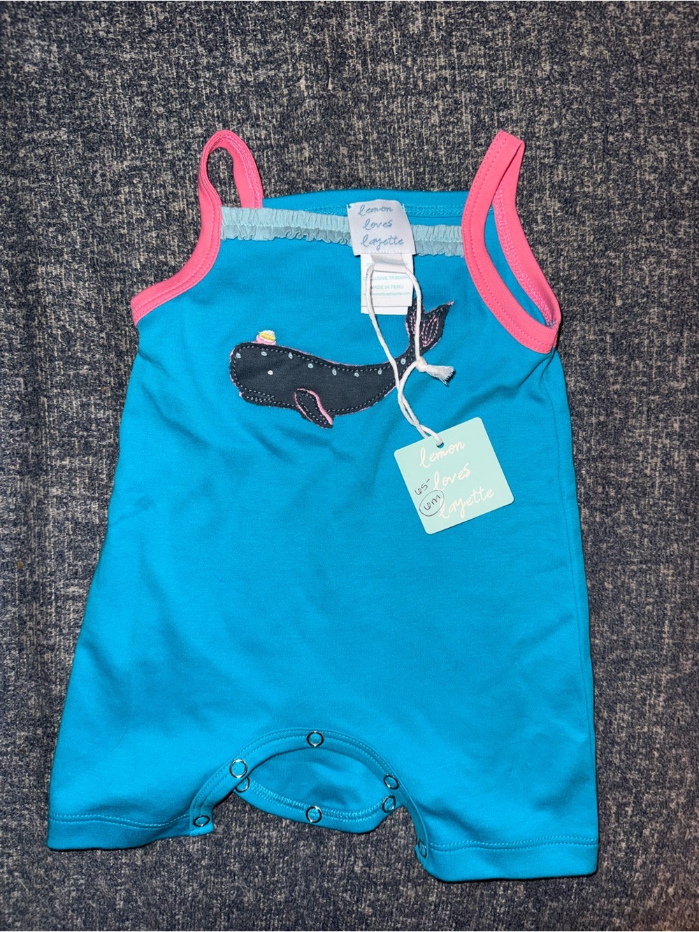 NWT Lemon Loves Layette Turquoise Romper with Pink Trim and Navy Whale Applique